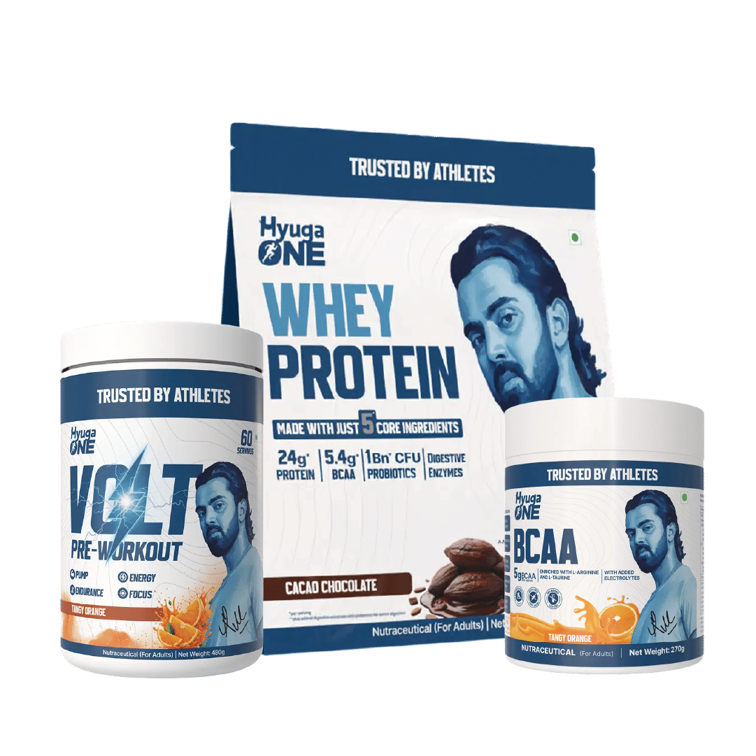 

Hyuga One Nutrition Combo : Whey Protein Cacao Chocolate 1kg (24g Protein, Probiotics), VOLT Pre-Workout Tangy Orange 480g (100mg Caffeine), BCAA T...