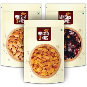 Ministry Of Nuts Pack Of 3 Premium Dry Fruits California Almonds 200g, Seedless Raisins 200g, Dates 200g Total 600g, Natural Dry Fruits With Good Source Of Protein, Zero Cholesterol & Trans Fat
