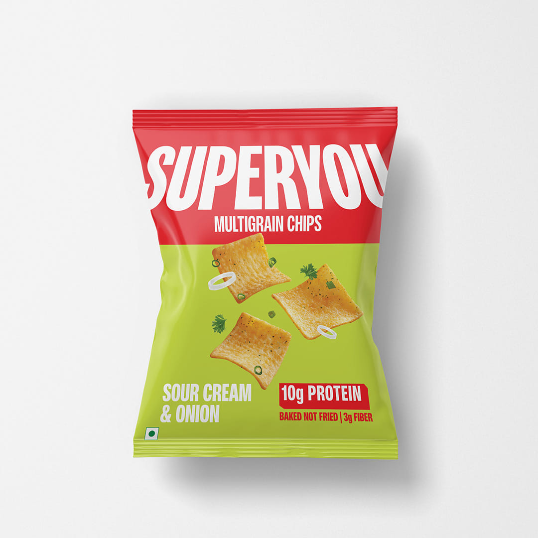 

Superyou Multigrain Protein Chips - Sour Cream & Onion (Pack of 1) | 10g Protein, 3g Fiber, No Added Sugar, No Palm Oil, Baked | 100% Vegetarian | ...