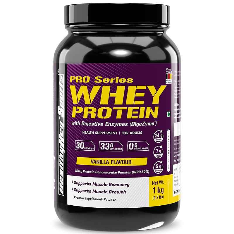 

HealthyHey Sports Whey Protein Concentrate - 80% Protein with Digestive Enzymes (Vanilla Flavoured, 1 kg)