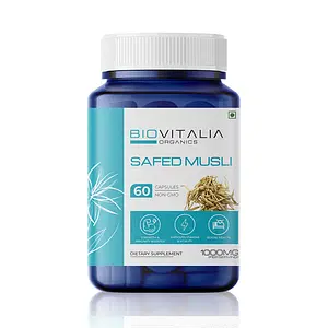 Biovitalia Organics Safed Musli Dietary Supplement 60 Non GMO Veg Capsules for Immunity Booster Improves Stamina & Vitality and Health, 1000MG.