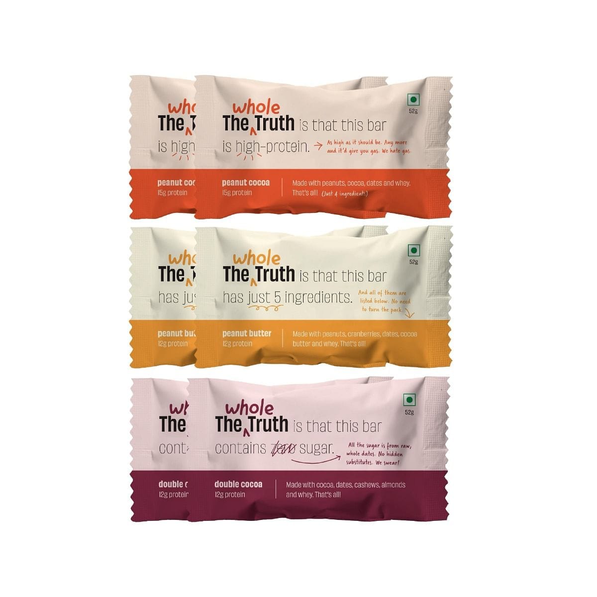 The Whole Truth - Protein Bars | Peanut Heavy (2 Double Cocoa Bars, 2 Peanut Cocoa Bars, 2 Peanut Butter Bars) |6 Bars x 52g each-image-4