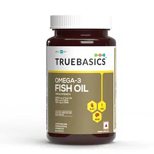 TrueBasics Omega 3 Fish Oil Capsules for Men and Women, Triple Strength with 1250mg of Omega (560mg EPA & 400mg DHA) for Healthy Heart, Eyes & Joints, 60 Caps