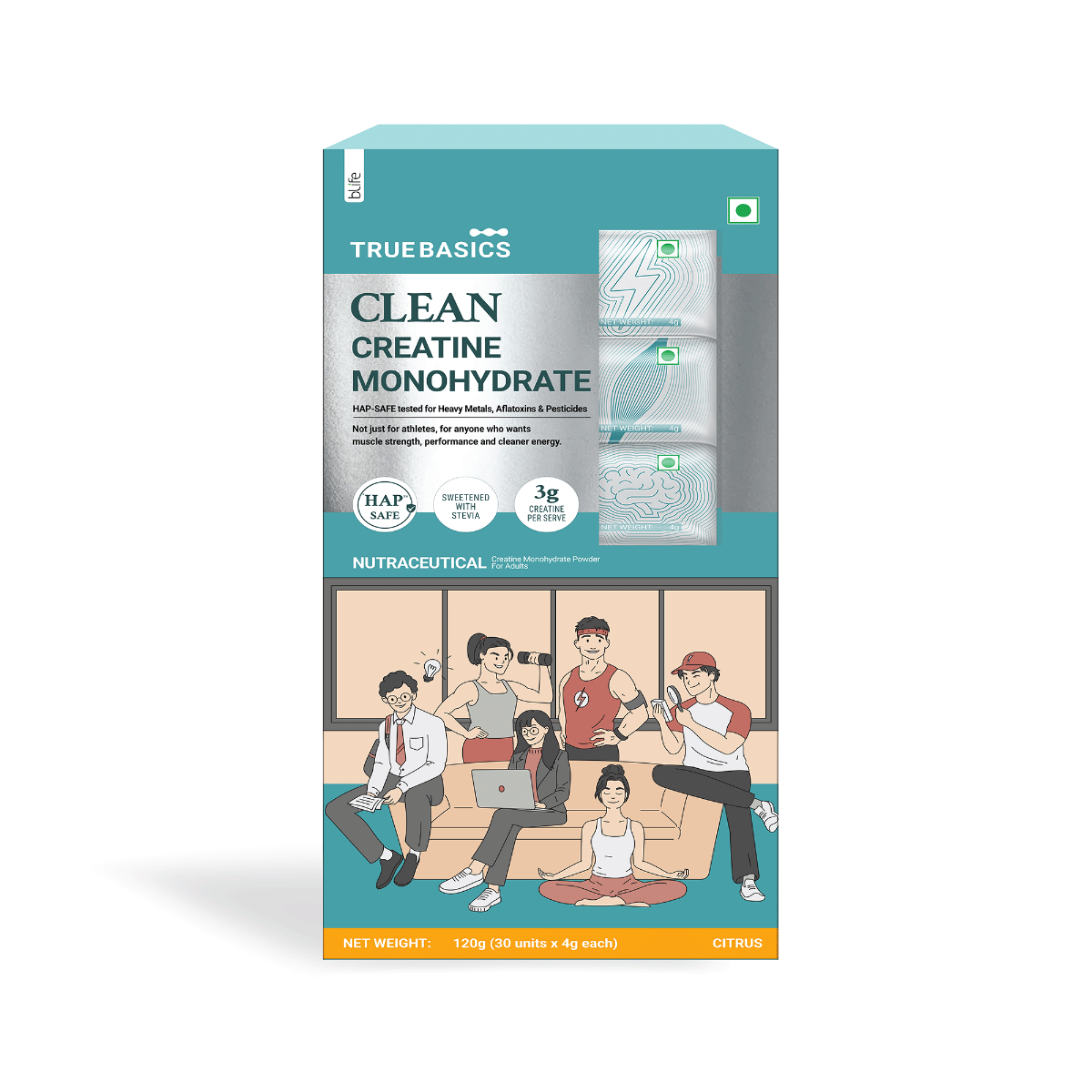 TrueBasics Clean Creatine Monohydrate Powder, Citrus, 120g (30 Sachetsx4g each) | 3g Creatine per Sachet-image-1