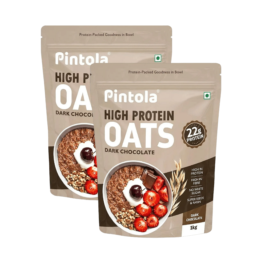 

Pintola 22g High Protein Oats, Dark Chocolate, Oats for weight loss, Breakfast Cereals Pouch - 1kg | Pack of 2