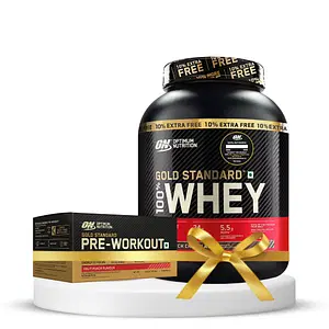 Optimum Nutrition (ON) Gold Standard 100% Whey Protein Powder - 5 lb (+10% Extra), 2.5 kg - Double Rich Chocolate & Optimum Nutrition (ON) Gold Standard Pre-Workout- 142.5g/15 single serve packs (Fruit Punch Flavor), (Combo) with Free Shaker