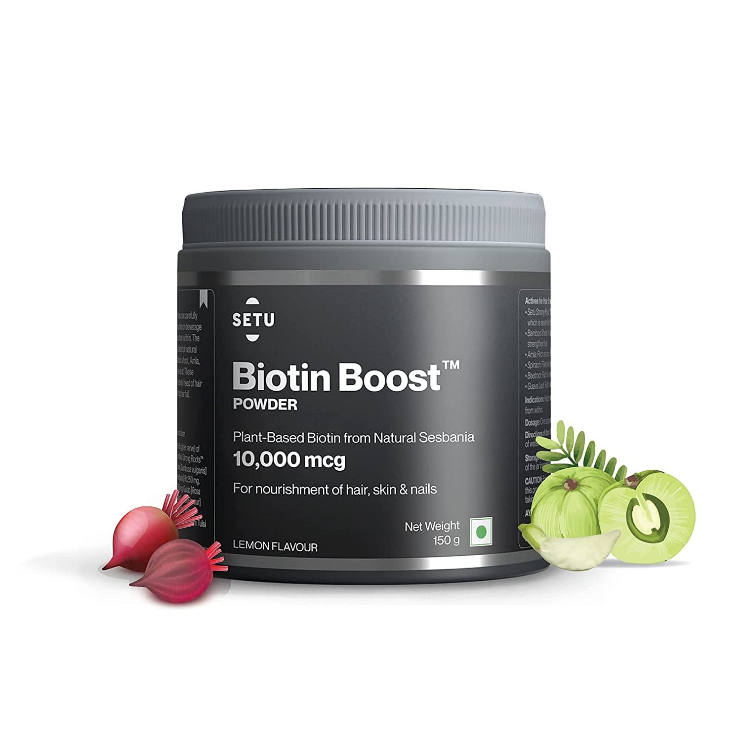 

Setu Hair: Biotin Boost Powder | Plant Sesbania Biotin Extract, Folic Acid And Zinc Supplement | Lemon Flavour | 30 Servings