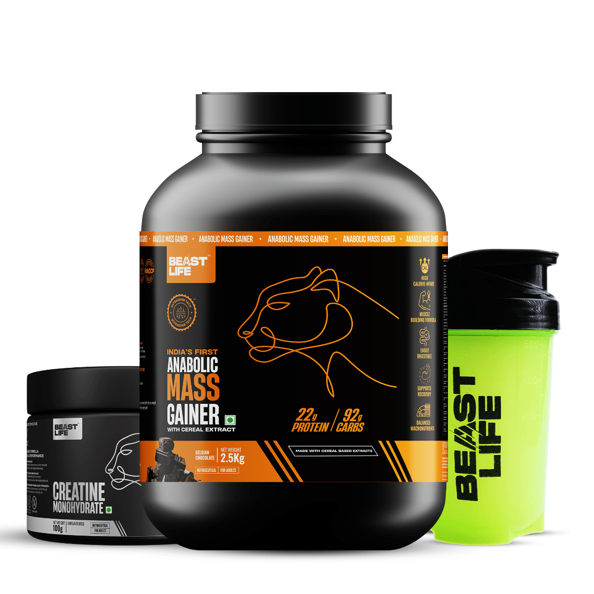 BeastLife Anabolic Mass gainer 2.5kg (Belgian Chocolate) + Creatine monohydrate Unflavoured100g + Neon Shaker