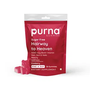 Purna Gummies Biotin Cranberry Sugar Free Gummies for Adults & Kids, Flowing Hair, Bright Skin and Stronger Nails, 30 Gummy Bears, 1 daily
