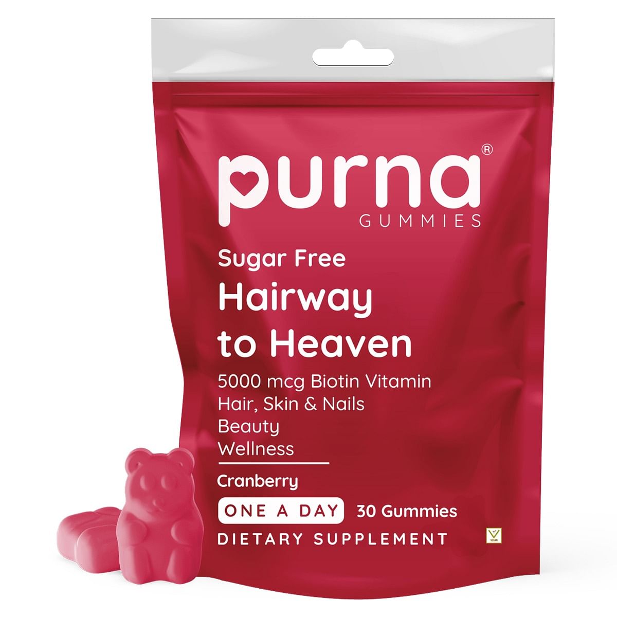 

Purna Gummies Biotin Cranberry Sugar Free Gummies for Adults & Kids, Flowing Hair, Bright Skin and Stronger Nails, 30 Gummy Bears, 1 daily