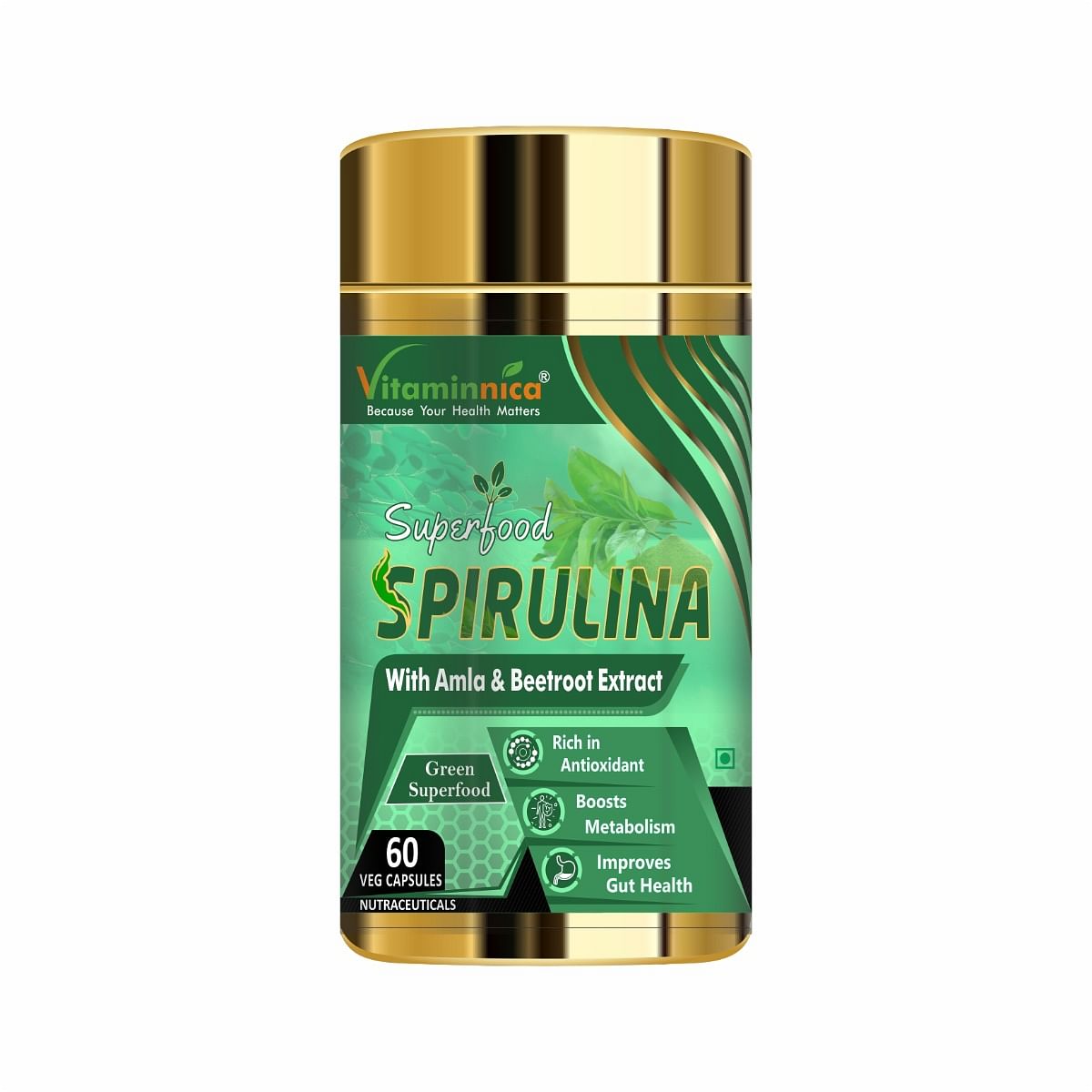 

Vitaminnica Spirulina with Amla & Beetroot Extract | Green Superfoods | Rich in Antioxidant, Boosts Metabolism & Improves Gut Health | 60 Veg Capsules