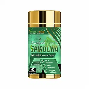Vitaminnica Spirulina with Amla & Beetroot Extract | Green Superfoods | Rich in Antioxidant, Boosts Metabolism & Improves Gut Health | 60 Veg Capsules