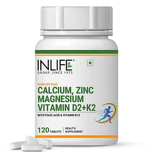 INLIFE Calcium Magnesium Zinc Vitamin D K2 Folic Acid & B12 Veg Tablets, Bone & Joint Support Supplement | Calcium Supplement for Women Men - 120 Tablets