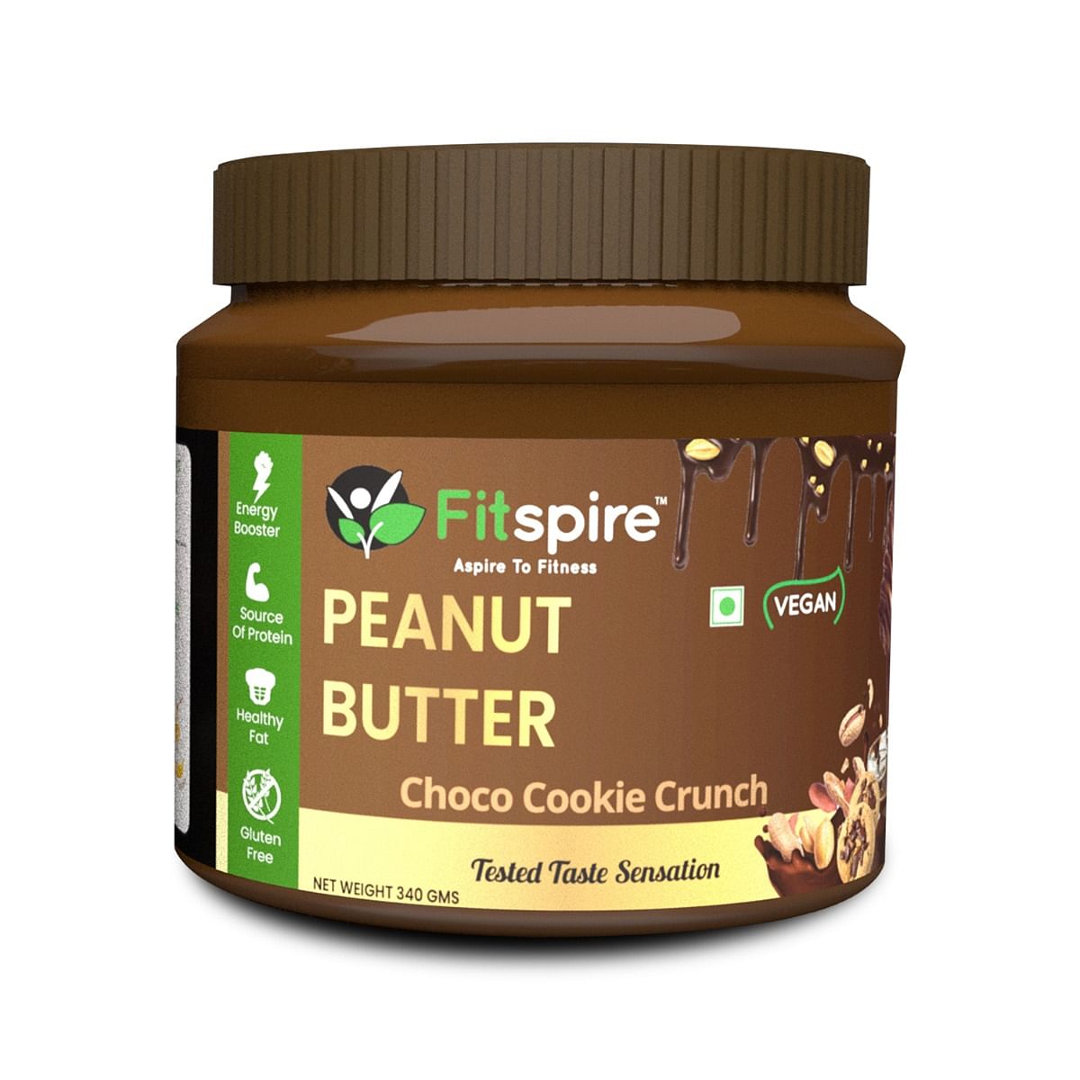 

Fitspire 100% Roasted Crunchy Peanut Butter - Choco Cookie Crunch Flavour, 340gm | Rich in Source of Fiber & Protein | Vegan | gluten-free | No tra...