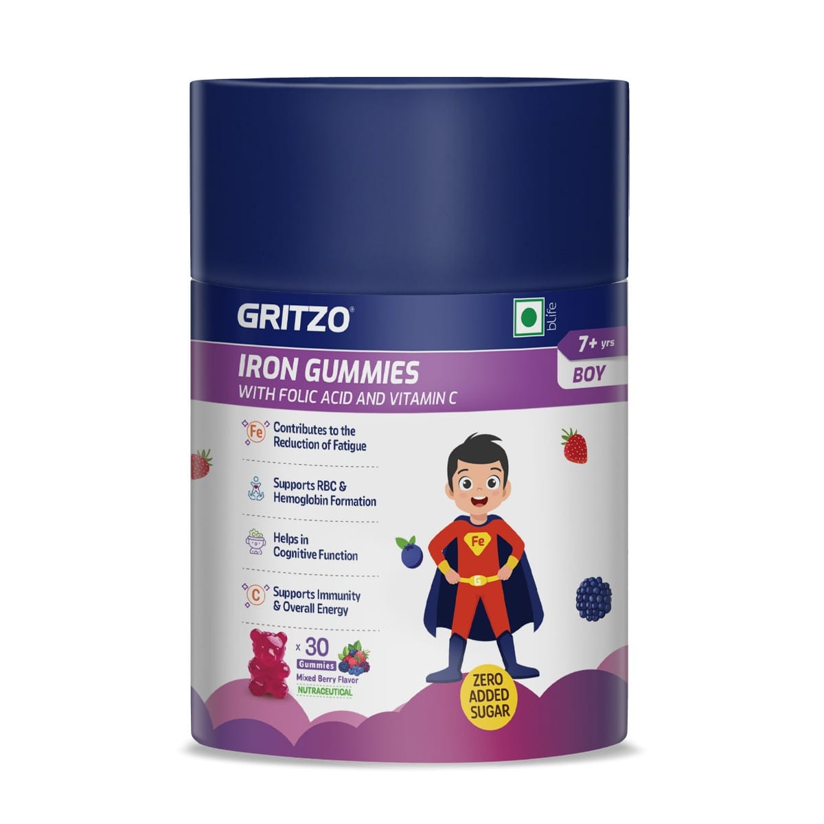 Gritzo Iron Gummies With Folic Acid & Vitamin C (7+y Boys) (Mixed Berry Flavour, 30 Gummies) | Zero Added Sugar