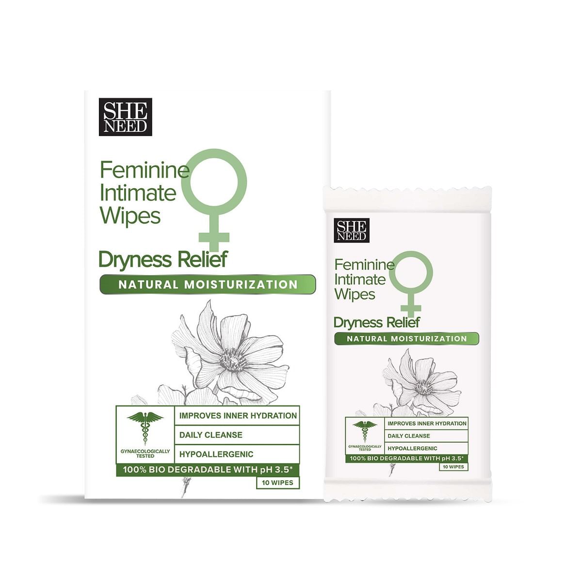 

SheNeed Intimate Wipes for dryness relief, Improves Hydration & Softness -10N