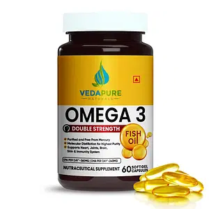 Vedapure Omega 3 Fish Oil Fatty Acids 1000mg (180mg EPA & 120mg DHA) for Healthy Heart, Eyes & Joints for Men & Women - 60 Softgel Capsules Pack of 1