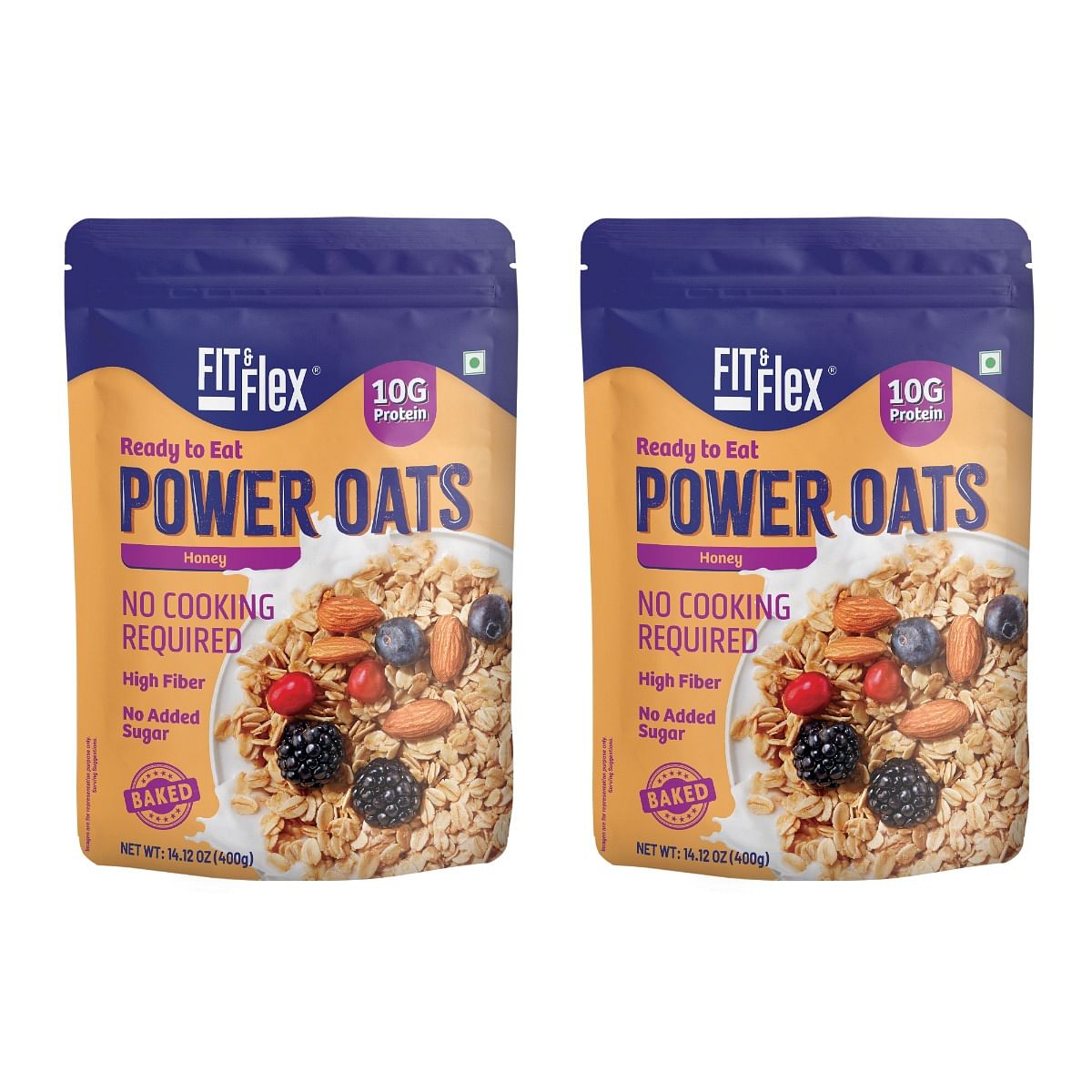 

Fit And Flex Power Oats | High Protein, Zero Sugar, Ready To Eat Baked Oats, Honey, Pack of 2 X 400g | NO COOKING REQUIRED