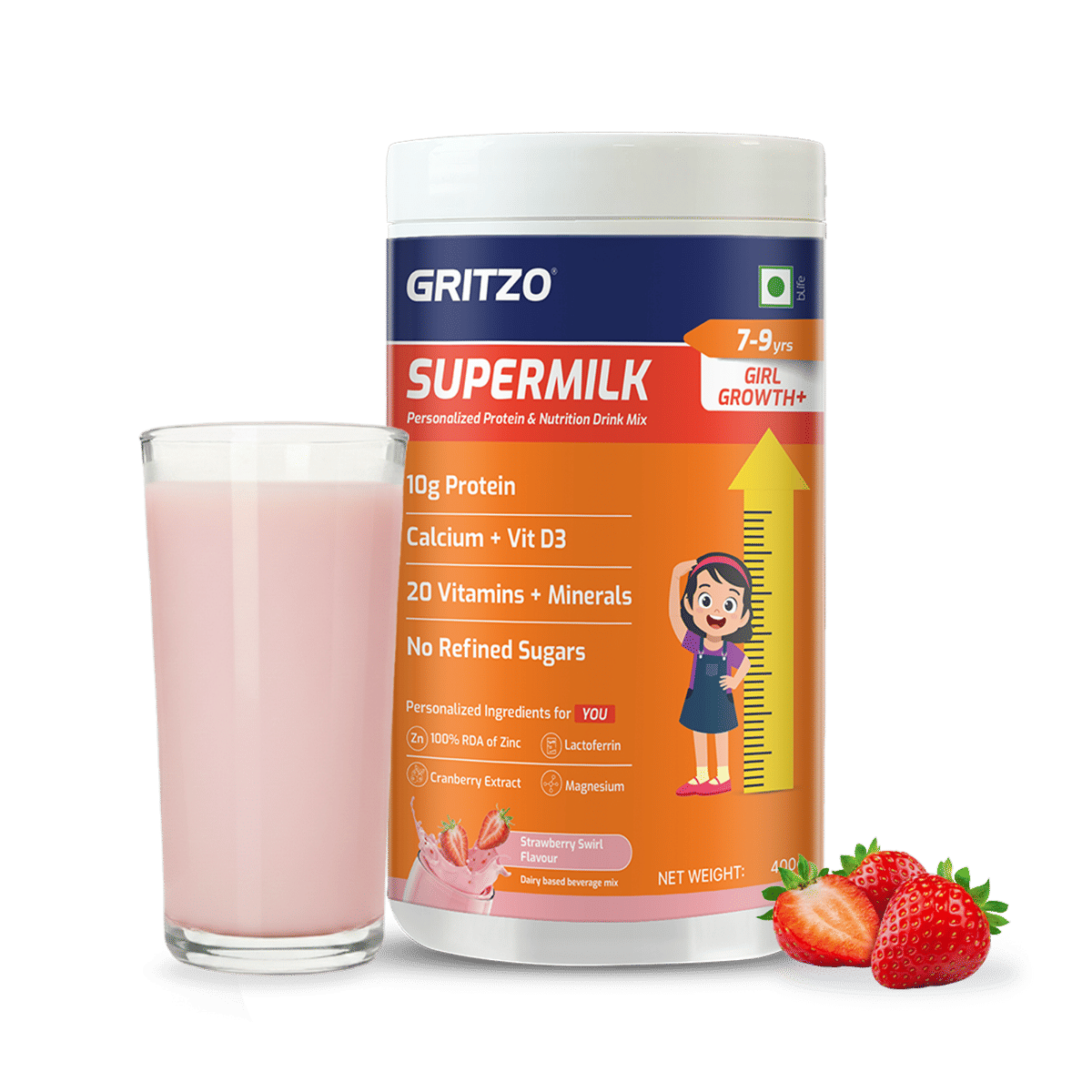 Gritzo SuperMilk Growth+ (Formerly Height+) (7-9y Girls), 10g Protein Powder (Strawberry Swirl, 400g) | Zero Refined Sugar, 20 Vitamins & Minerals-picture-2