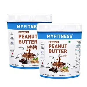 MYFITNESS Chocolate Peanut Butter Smooth 1250gm and Chocolate Peanut Butter Crispy 1250gm Combo | 22g Protein | Tasty & Healthy Nut Butter Spread | Vegan | Dark Chocolate Smooth Peanut Butter | Zero Trans Fat