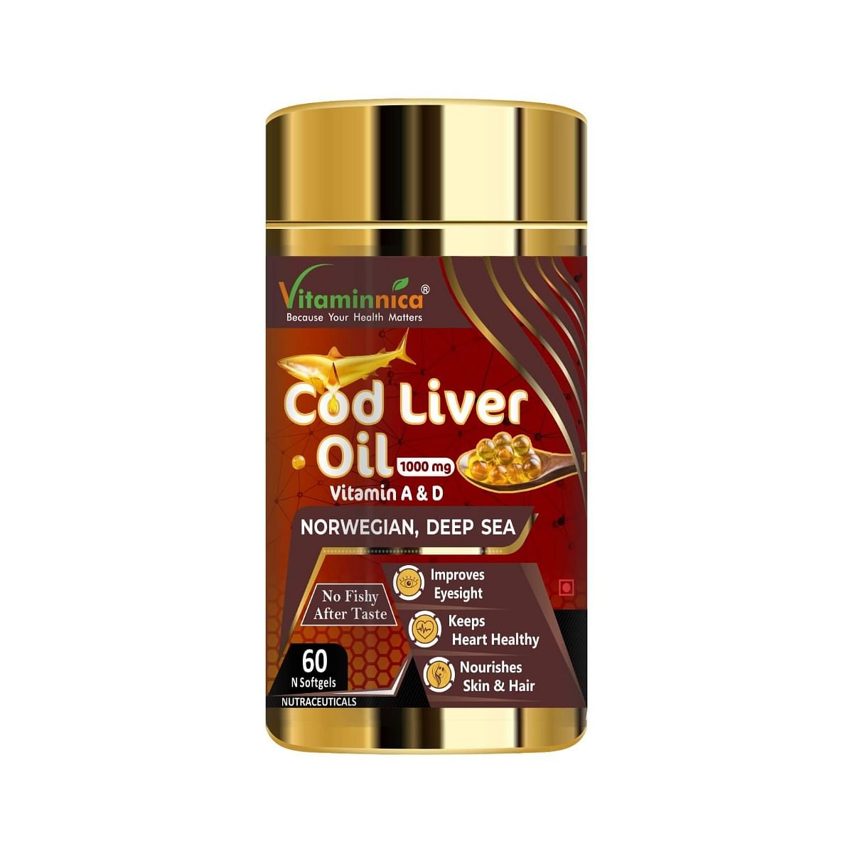 

Vitaminnica COD Liver Oil 1000mg | Vitamin A & D | No Fishy After Taste | Improves Eyesight, Keeps Nourishes Skin & Hair | 60 Non Veg Softgels