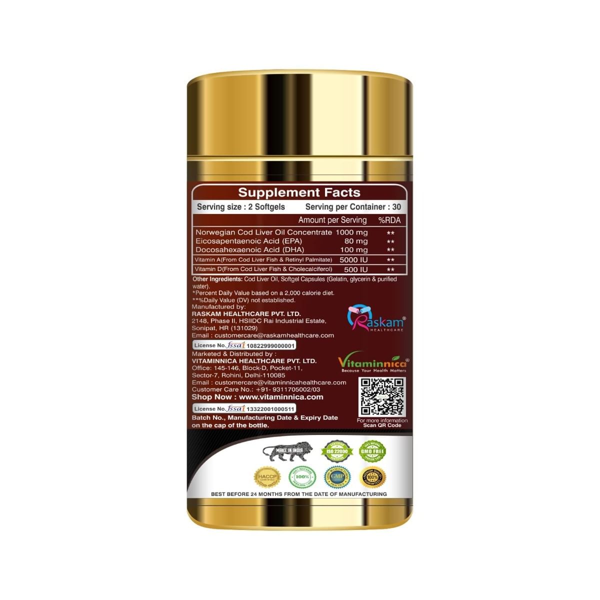 Vitaminnica COD Liver Oil 1000mg Vitamin A & D No Fishy After Taste