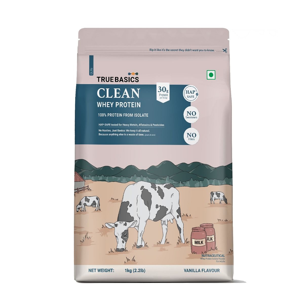 

TrueBasics Clean Whey 100% Protein Isolate Powder (Vanilla, 1kg) | 30g Protein per Scoop