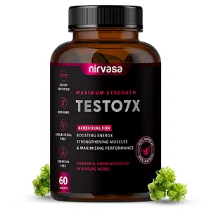 Nirvasa TESTO7X Tablet for Stamina, Performance and boosts T-Level in men enriched with Tribulus terrestris, Ashwagandha, Shilajit, Safed Musli, Kaunch Beej & Many more Herbs, Easy to swallow, Allergan Free Tablet, Pure Ayurvedic, 1B (1 X 60 Tablets)