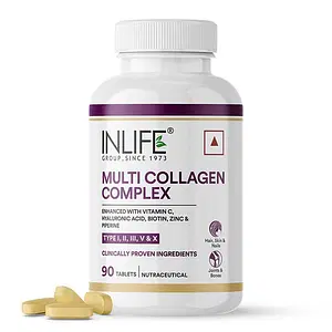 INLIFE Multi Collagen Complex Tablets | 5 Types  Peptides I, II, III, V & X with Biotin, Hyaluronic Acid, Piperine for Skin and Hair | Collagen Powder Supplements for Women & Men - 90 Tablets