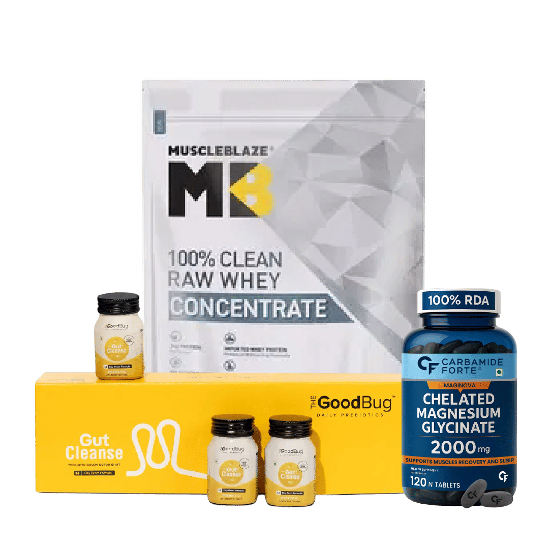 MuscleBlaze Raw Whey Protein 1kg + Carbamide Forte Magnesium Glycinate 2000mg 120 Tablets + The Good Bug Gut Cleanse 14 Shots | Protein, Recovery, Sleep & Gut Health Combo