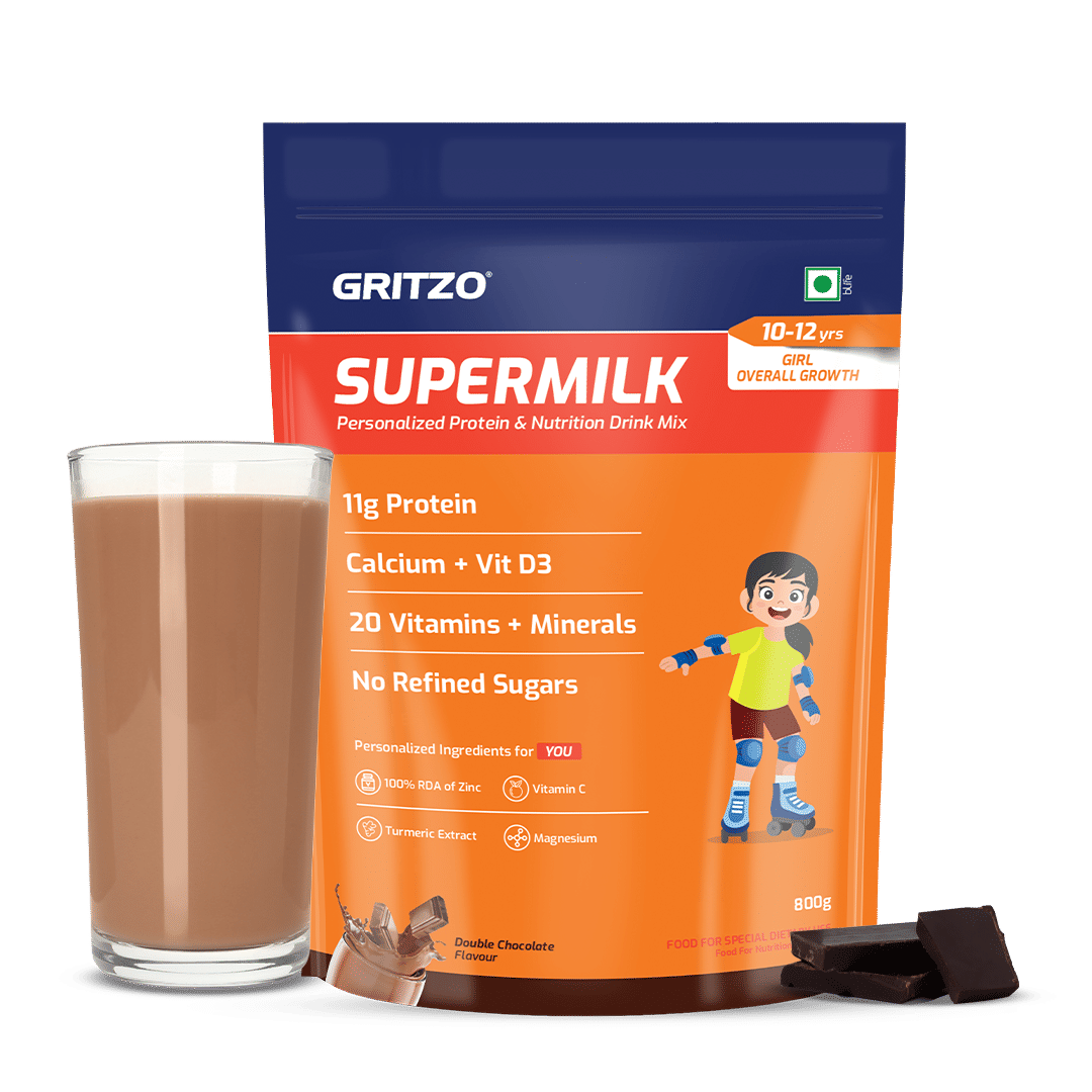 

Gritzo SuperMilk Overall Growth (10-12y Girls), 11g Protein Powder (Double Chocolate, 800g) | Zero Refined Sugar, 20 Vitamins & Minerals