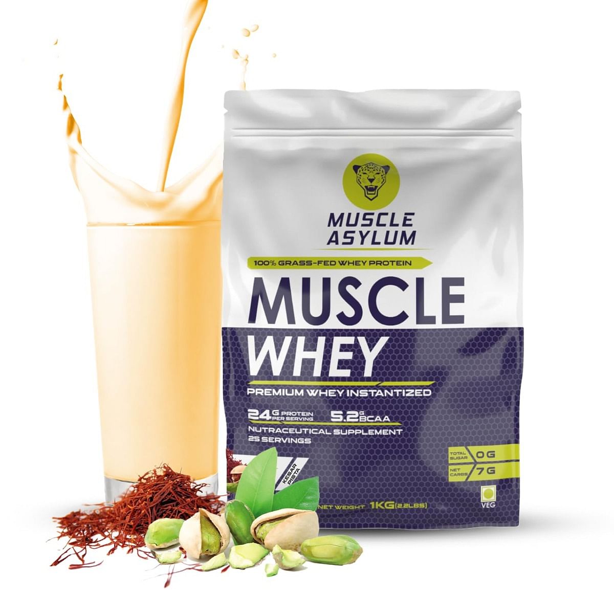 

Muscle Asylum Premium 100% Whey Protein, 24g Protein, 5.2g Bcaa, For Muscle Building & Recovery ,25 Servings (Kesar Pista)-1kg (2.2 lbs), Bag