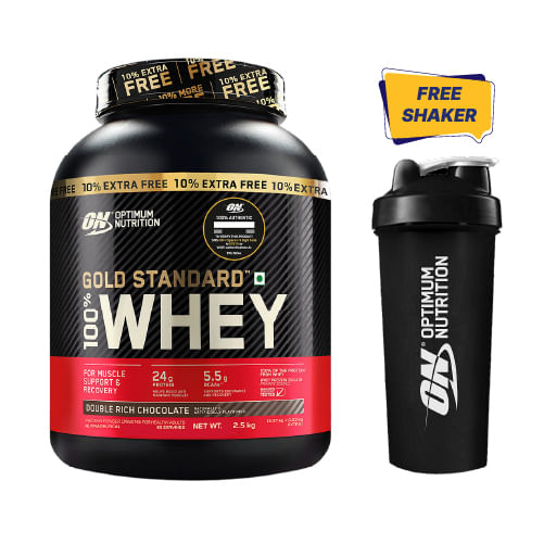 

Optimum Nutrition (ON) Gold Standard 100% Whey Protein Powder - 5 lb (+10% Extra), 2.5 kg - Double Rich Chocolate with Free Shaker