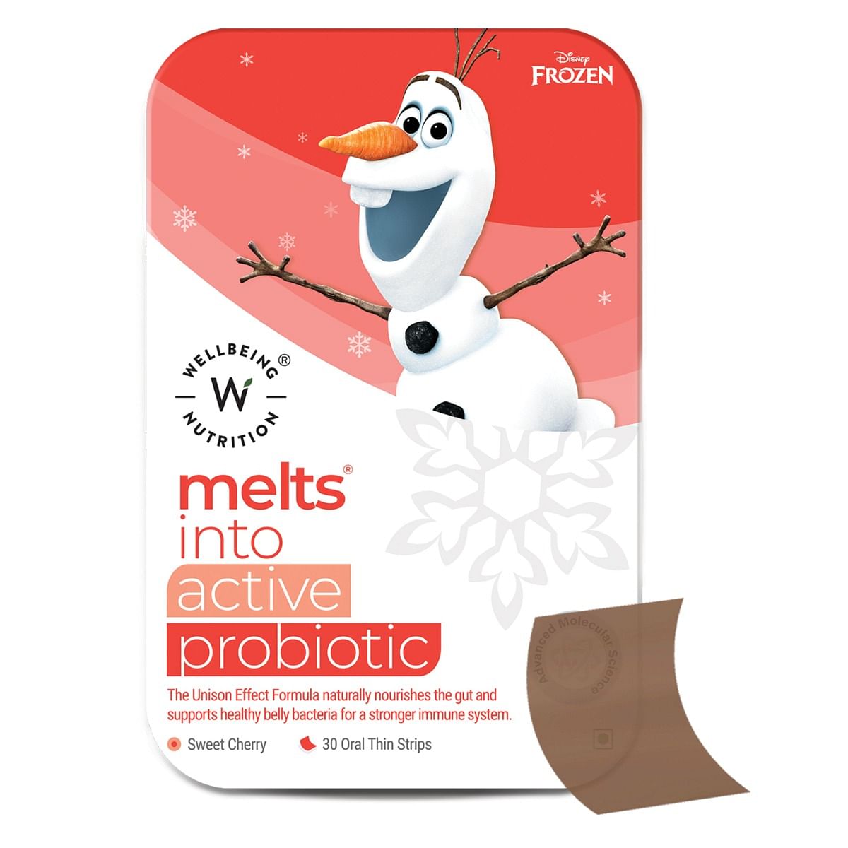 

Wellbeing Nutrition Frozen Olaf Melts | Kids Organic Active Probiotic & Prebiotic, Vitamin C & D3 | 100% Natural for Healthy Gut | Sweet Cherry Fla...