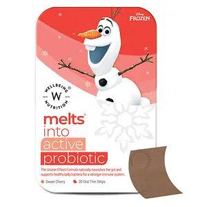 Wellbeing Nutrition Frozen Olaf Melts | Kids Organic Active Probiotic & Prebiotic, Vitamin C & D3 | 100% Natural for Healthy Gut | Sweet Cherry Flavor (30 Oral Thin Strips)