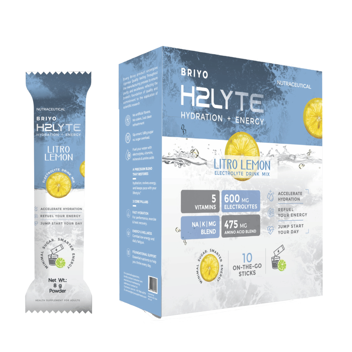 

Briyo H2Lyte Electrolyte Drink with Vitamins & Amino Acids | Low Sugar Hydration for Daily Energy | Lemon