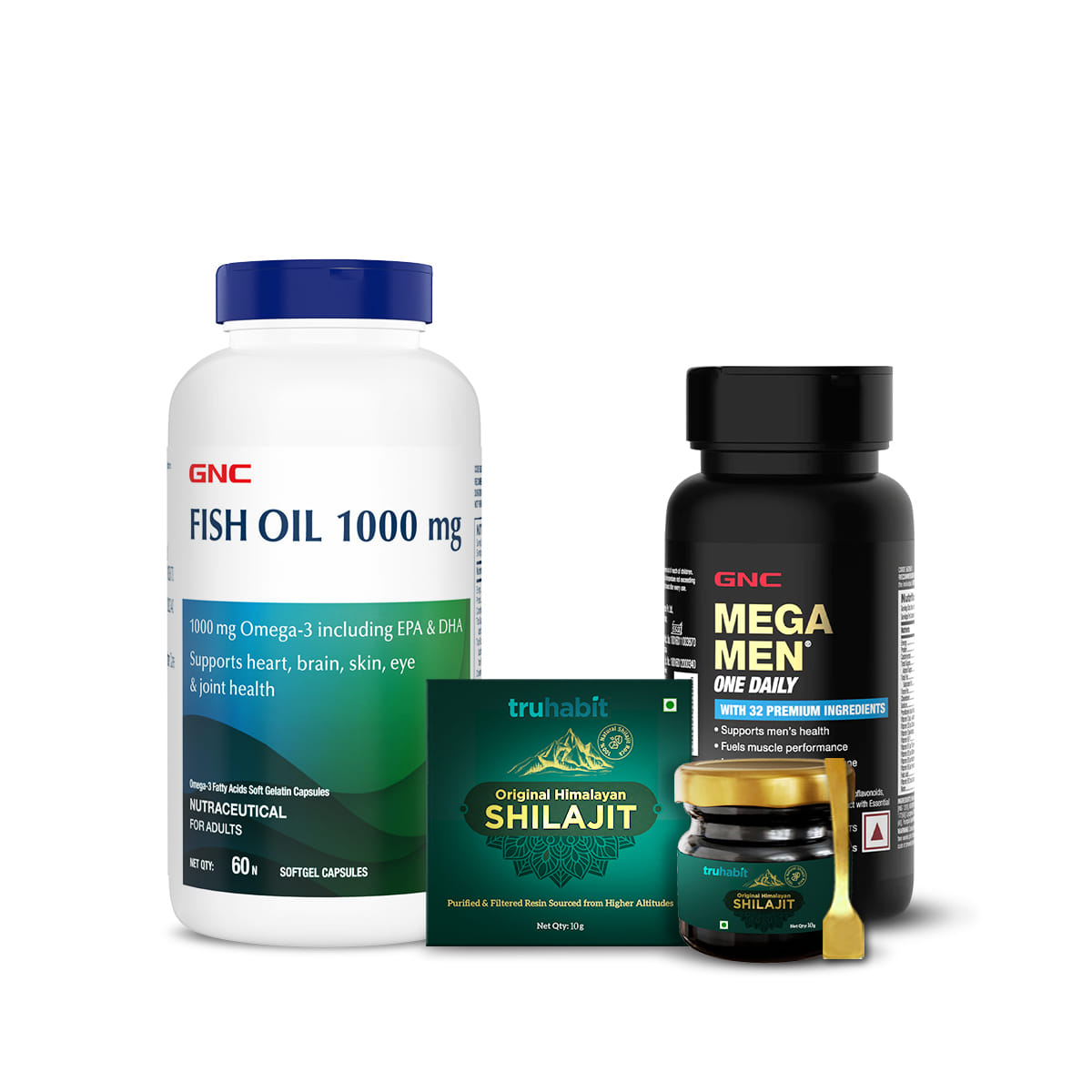 GNC Fish Oil (60) | Multivitamin (30) | Shilajit (10g) for Heart, Energy & Strength | Wellness Combo