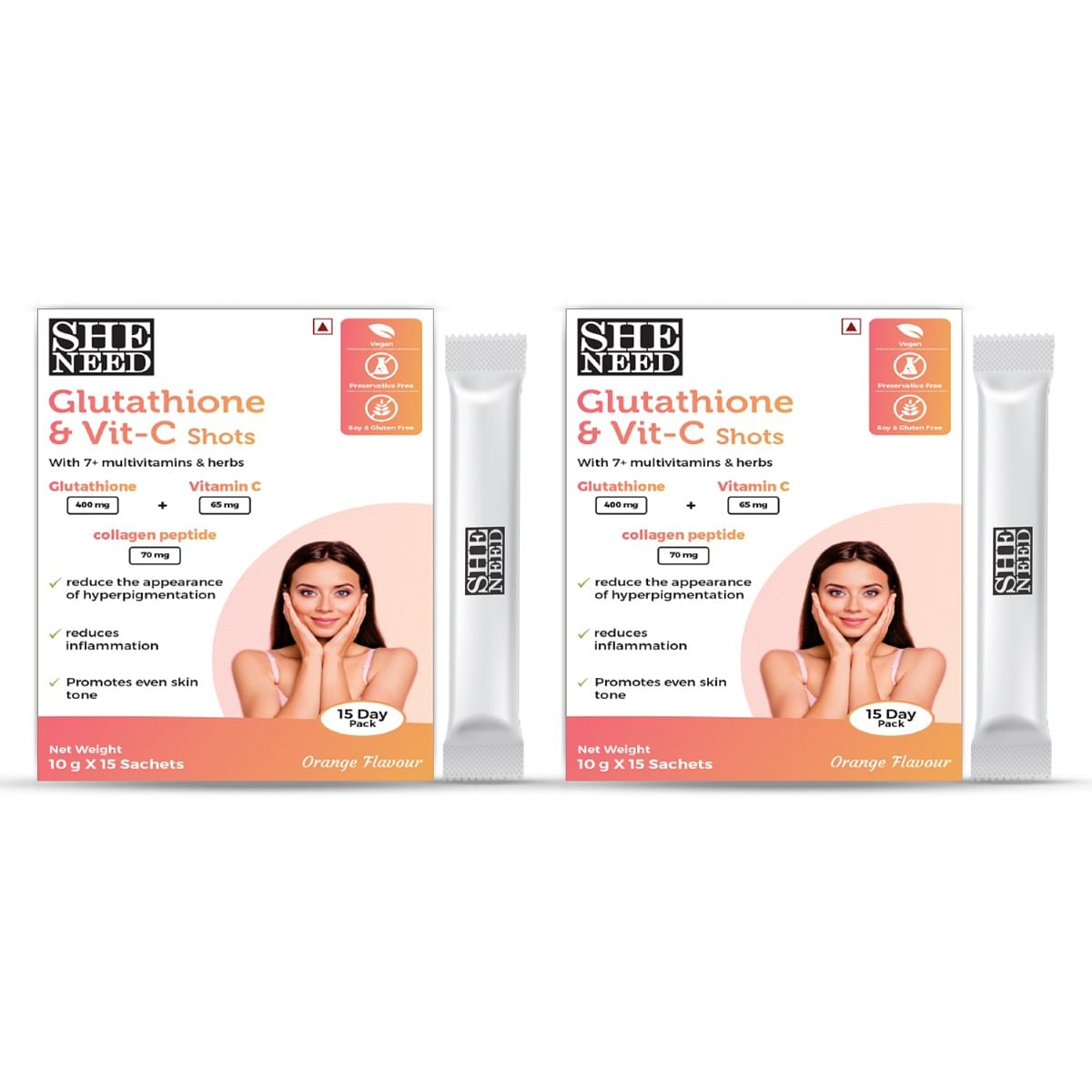 

Sheneed Glutathione & vitamin C shots 15N X 10gm each (pack of 2) | 500mcg Gluatathione each|1000mcg Vit-C each |Skin Brightening| Vitamin C & E|Ra...
