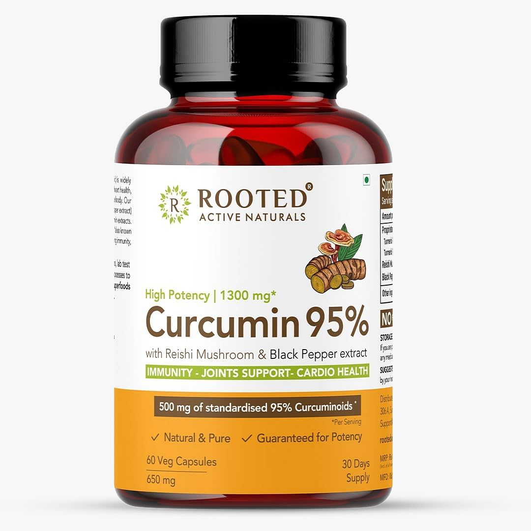 

Rooted Actives Curcumin (95%) Reishi & Black pepper Extract (for better absorbtion)1300mg, for Immunity, Joints Cardio Health| 90 VEG Capsules, 500...