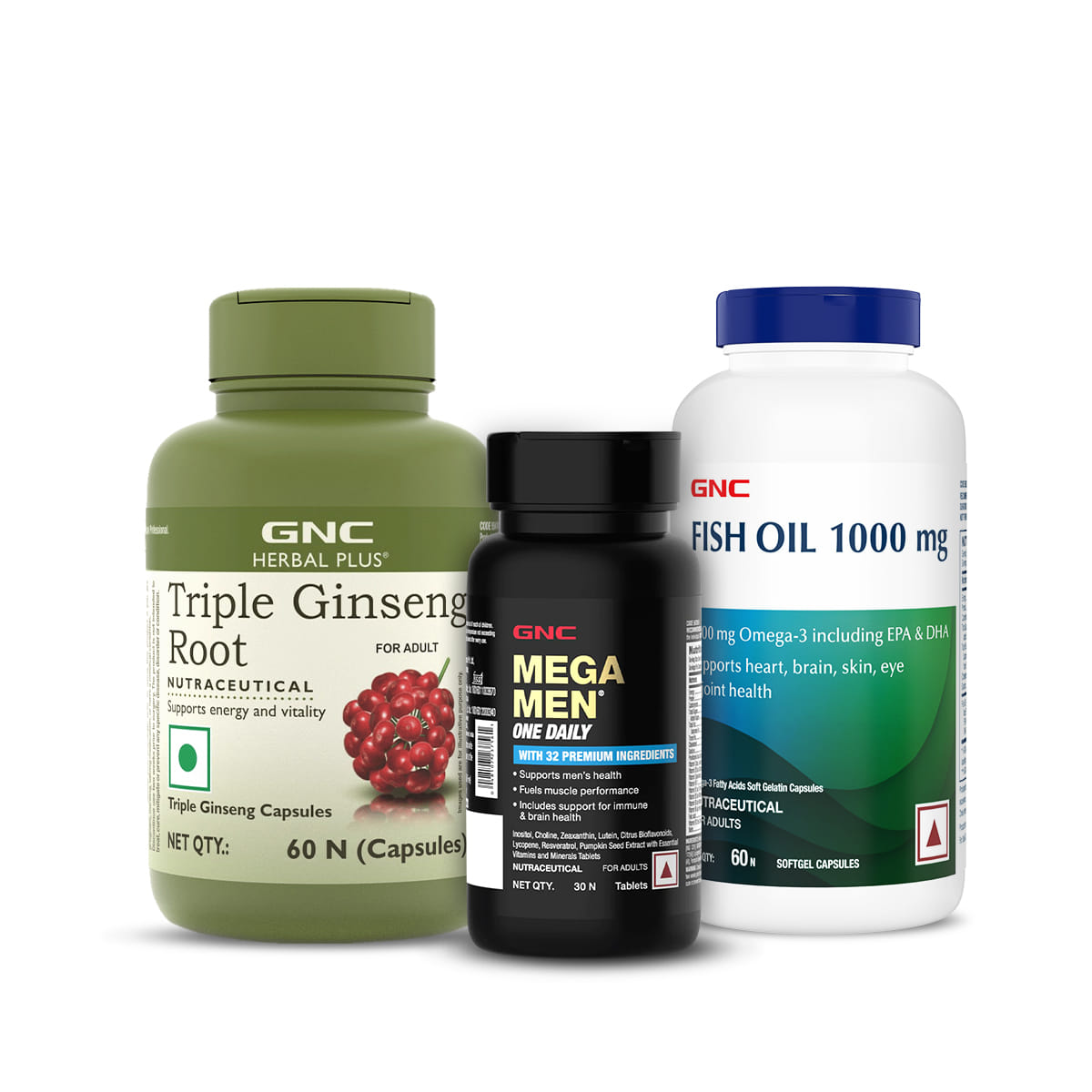 GNC Fish Oil | Multivitamin (30) | Triple Ginseng (60) for Heart Health & Immunity Combo