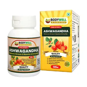 BODYWELL Ashwagandha Pure Extract Capsule | Natural Extract | Energy, Stamina & Immunity Booster | Testosterone Booster | 500 mg (60 Capsules)