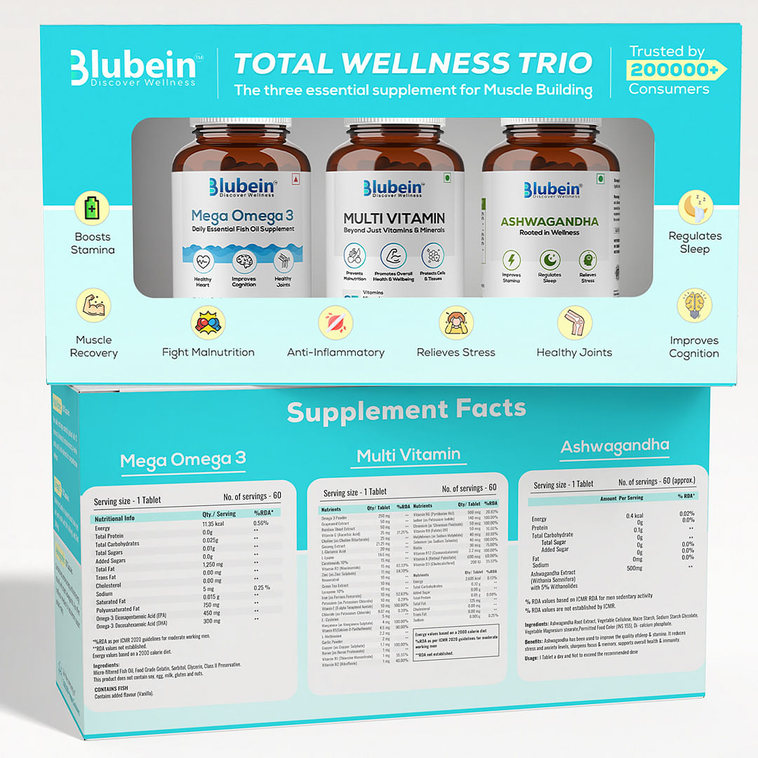 

Blubein Total Wellness Trio | Multivitamin with 37 Vital Ingredients 60N | Mega Omega 3 Fish oil Capsules 60N | Ashwagandha with 5% withanolides 60N