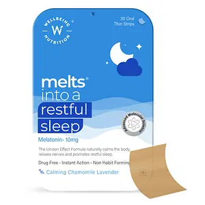 Wellbeing Nutrition Melts® Restful Sleep Aid, Plant-Based Melatonin 10mg with Tagara, Passion Flower, L-Theanine, Chamomile for Natural Sleep cycle| Insomnia Relief | Drug-Free | 30 Oral Thin Strips
