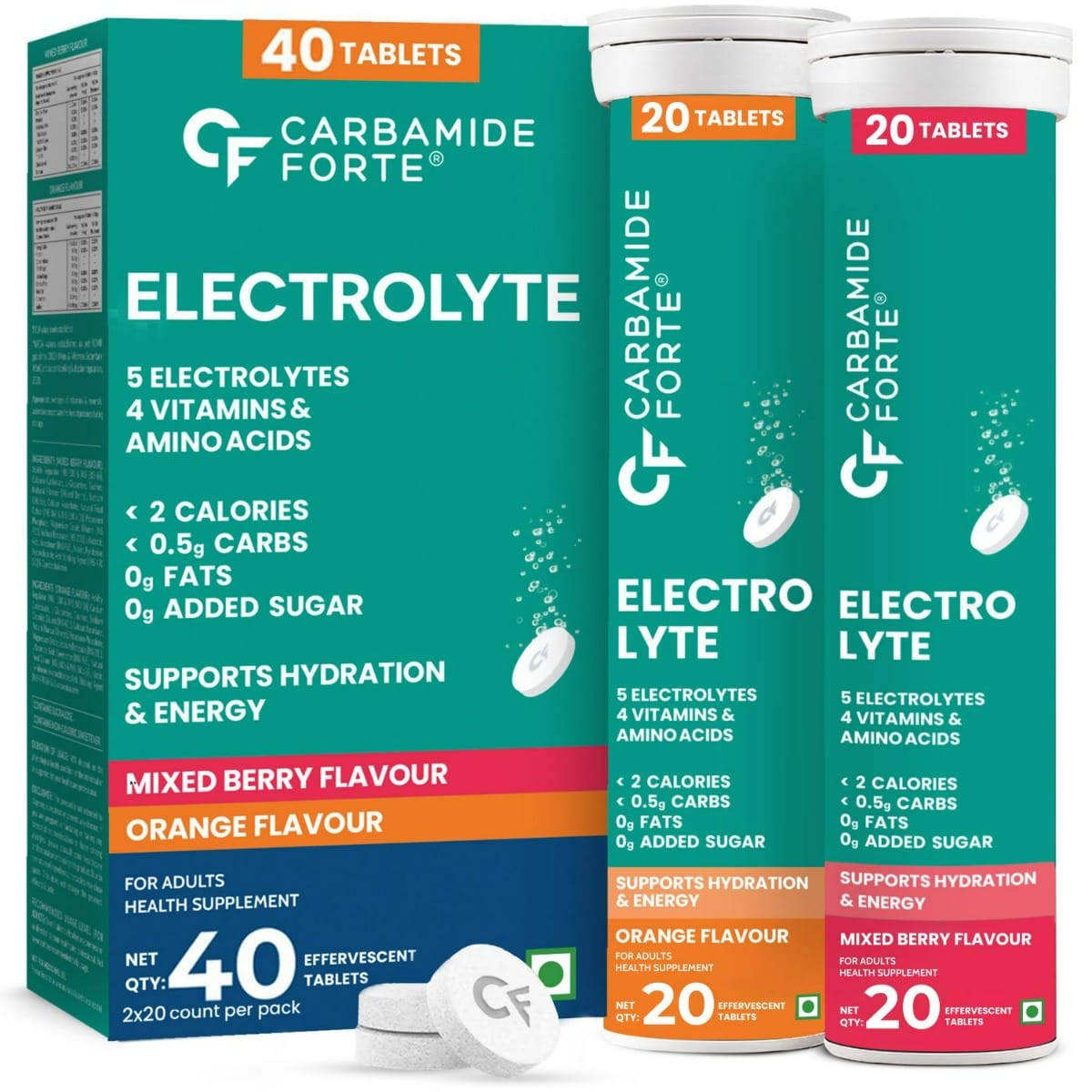Carbamide Forte Electrolyte Effervescent Tablet | Electrolyte Supplement for Sustained Energy & Hydration with 5 Essential Electrolytes, No sugar + 4 Vitamins & Amino Acids | Pack of 20 Tablets x 2-image-8