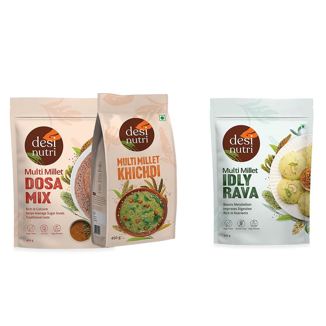 

Desi Nutri Multi Millet Buy 2 & Get 1 Free (Buy Dosa Mix + Khichdi and Get Idli Rava FREE) | Instant Dosa Mix | Multi Millet Khichdi Mix | Instant ...