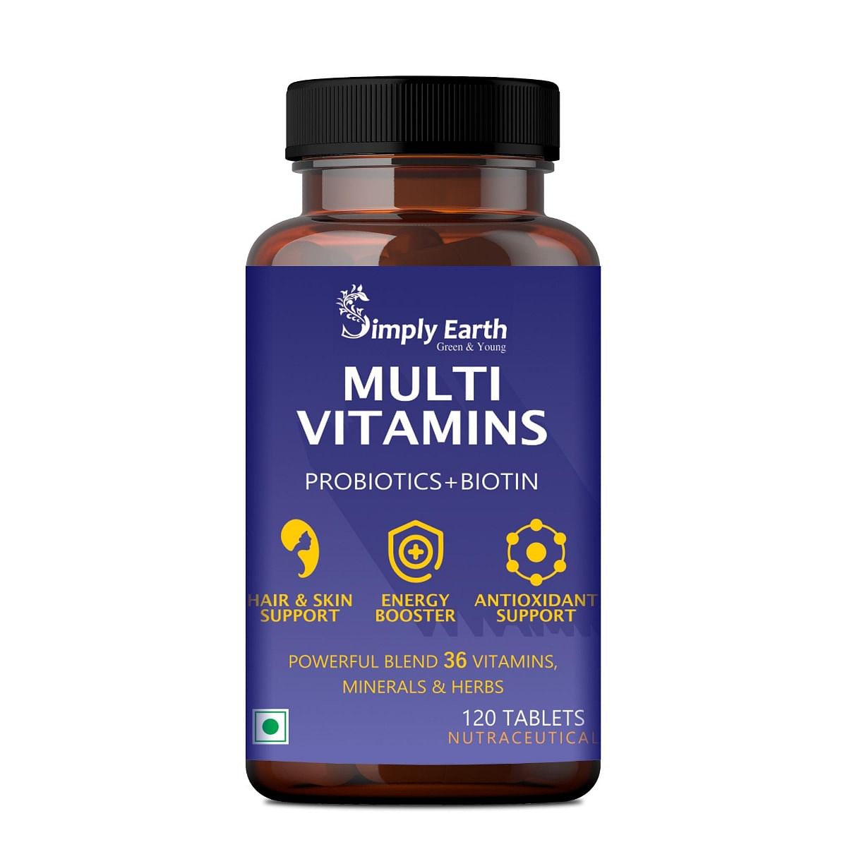 

Simply Earth Multivitamin For Men & Women (120 Tablets) With 7 Vital Blends & 36 Nutrients - Probiotics Vitamin C, Zinc & Biotin