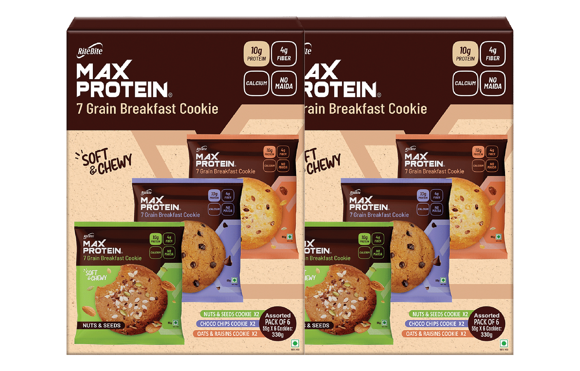 

RiteBite Max Protein Cookies Assorted - Choco Chips x 1, Nuts & Seeds x 1 , Oats & Raisins x 1 | 6 Cookies| 330 g | Pack of 2