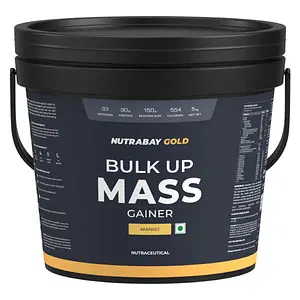 Nutrabay Gold Bulk Up Mass Gainer, Carbs to Protein Blend (3:1), 30g Protein with Digestive Enzymes, Vitamins & Minerals, Weight Gain Supplement  - 5kg, Mango
