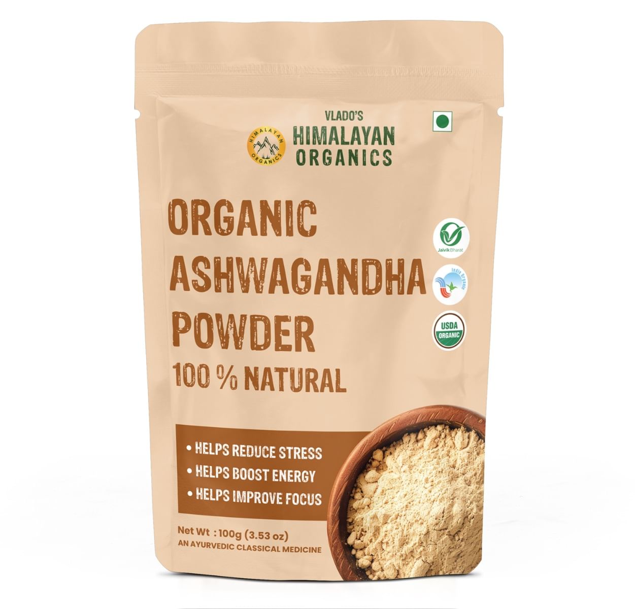 

Vlado's Himalayan Organics 100% Organic Ashwagandha Powder 100g - Withania Somnifera | Pure Ashwagandha Powder -Support Muscle Recovery & Boost Ene...
