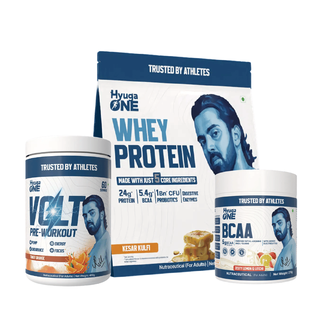 

Hyuga One Nutrition Combo : Whey Protein Kesar Kufli 1kg (24g Protein, Probiotics), VOLT Pre-Workout Tangy Orange 480g (100mg Caffeine), BCAA Zesty...